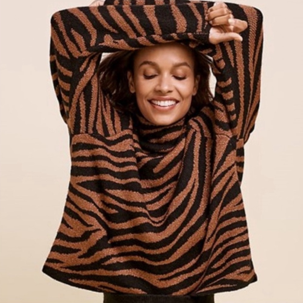 Ann Taylor Animal Print Jacquard Mock Neck Sweater Brown Black NWT Size M #197